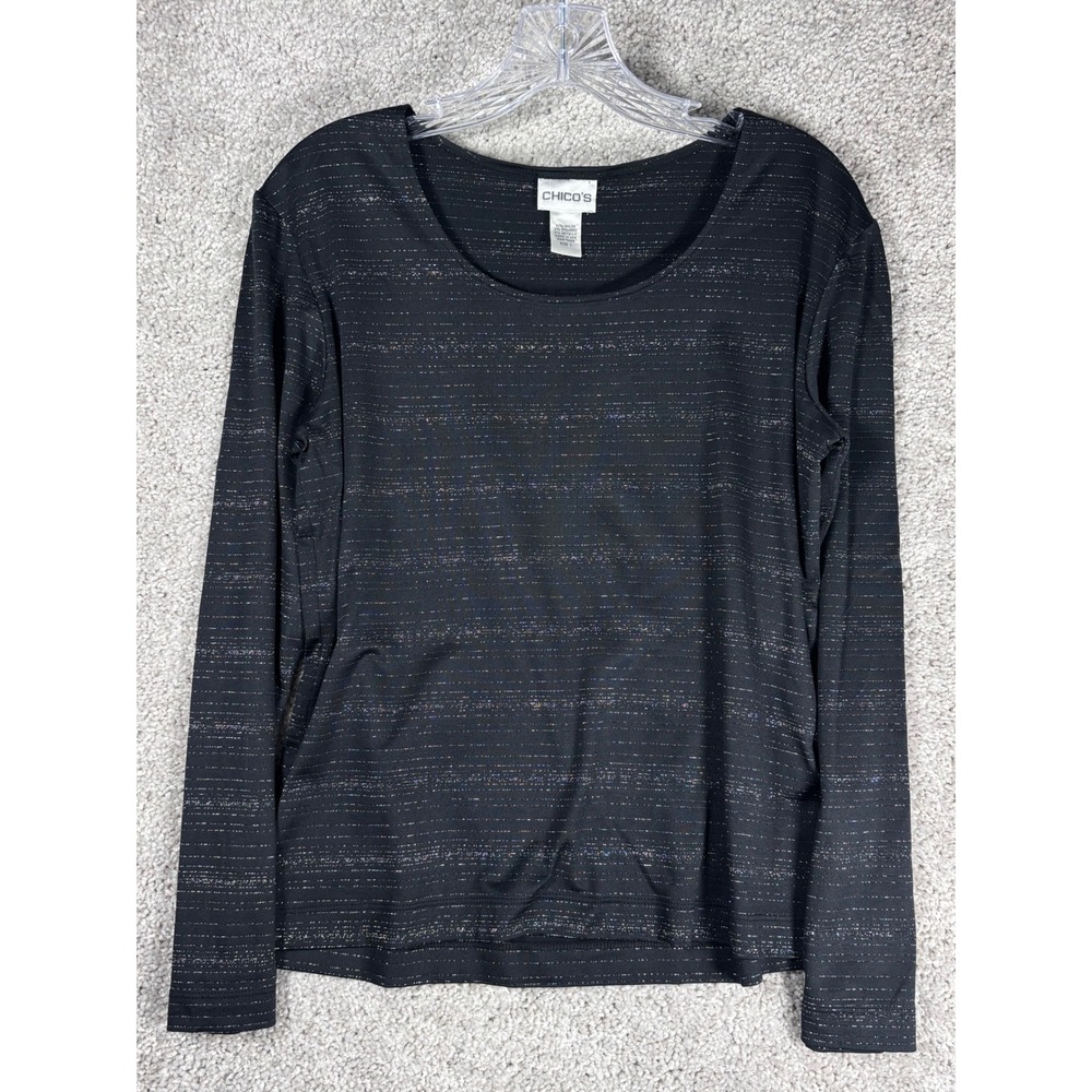 Chicos Black Long‎ Sleeve Top Metallic Striped Sparkle Knit Size 1